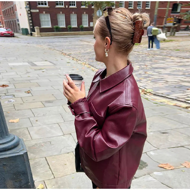 Oversized red leather jacket